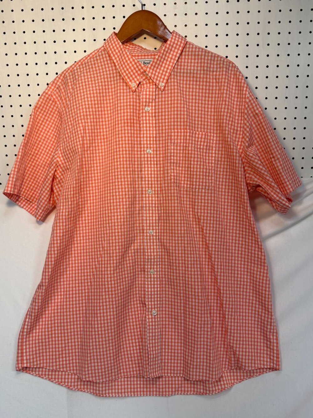 LL Bean Men Shirt XL Regular Traditional Fit Orange Gingham Cotton Short Sleeve